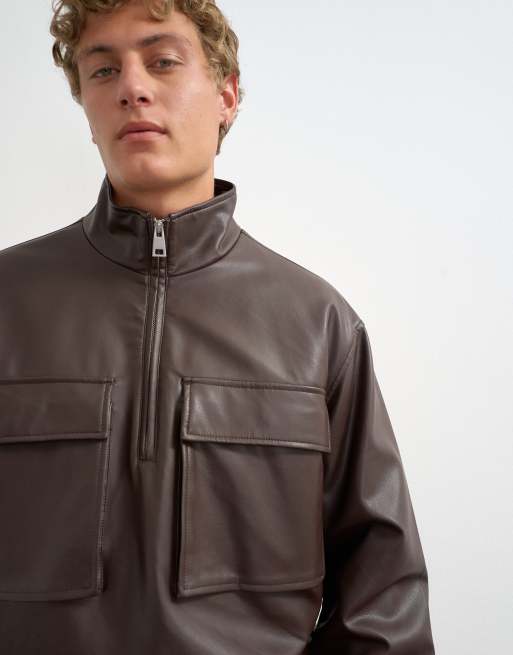 Topman oversized fit faux leather 1/4 zip funnel neck jacket in brown, 4 of 5