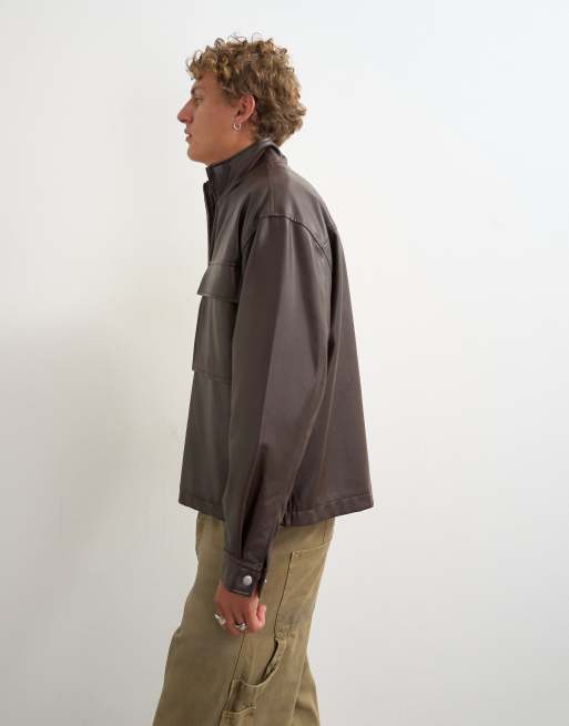Topman oversized fit faux leather 1/4 zip funnel neck jacket in brown, 5 of 5