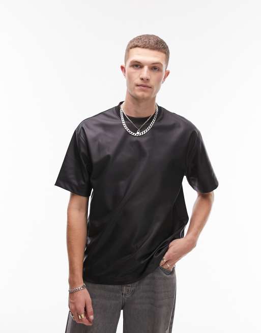 Topman oversized fit faux leather t-shirt in black