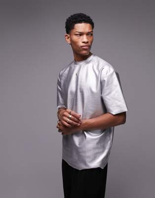 Topman oversized fit faux leather t-shirt in silver