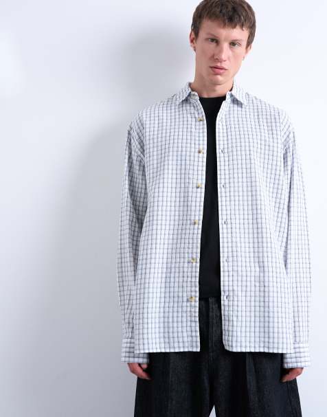 Topman oversized fit flannel check shirt in light blue - view 1