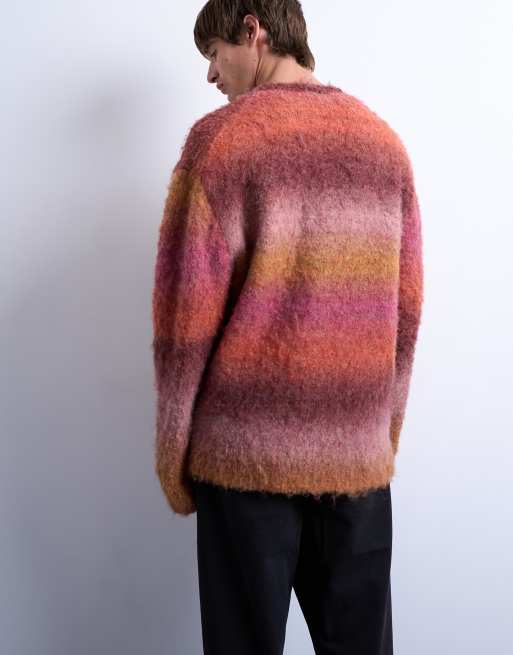 Topman oversized fit fluffy knit cardigan with ombre in burgundy, 3 of 5