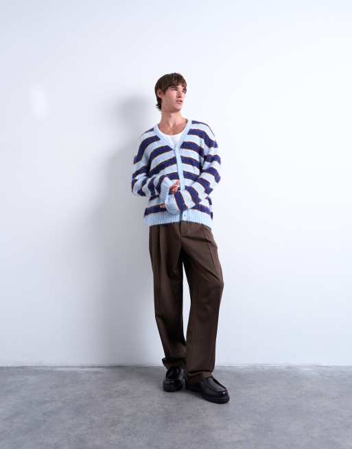 Topman oversized fit fluffy knit striped cardigan in blue | ASOS