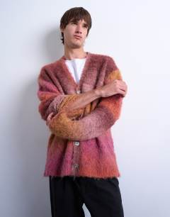 Model wearing Oversized fit fluffy knitted cardigan with ombre in burgundy