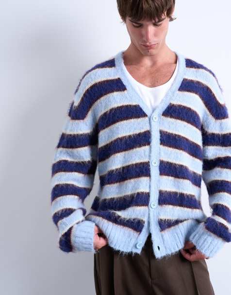 Topman oversized fit fluffy knitted stripe cardigan in blue - view 1