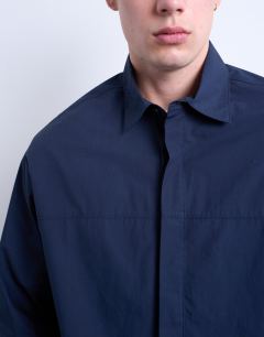 Model wearing Oversized fit formal shirt in navy