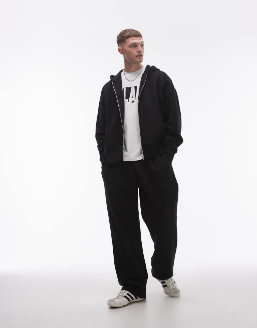 Topman relaxed fit full zip hoodie in black