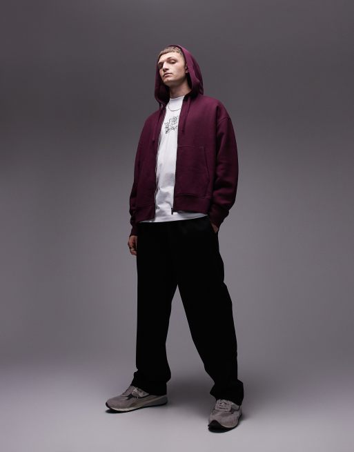 Topman oversized fit full zip hoodie in burgundy, 2 of 4