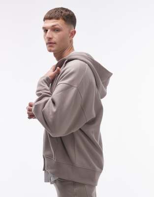 oversized fit full zip hoodie in stone-Neutral