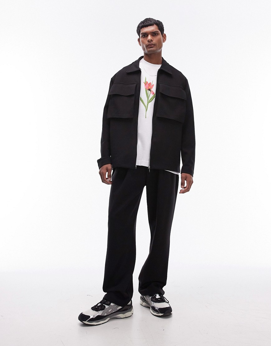 Topman Oversized Fit Full Zip Jersey With Pockets In Black