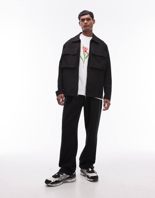 Topman - oversized fit full zip smart jersey with pockets in black - black