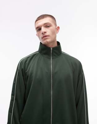 oversized fit full zip up sweatshirt with double piping detail in sporty green - part of a set