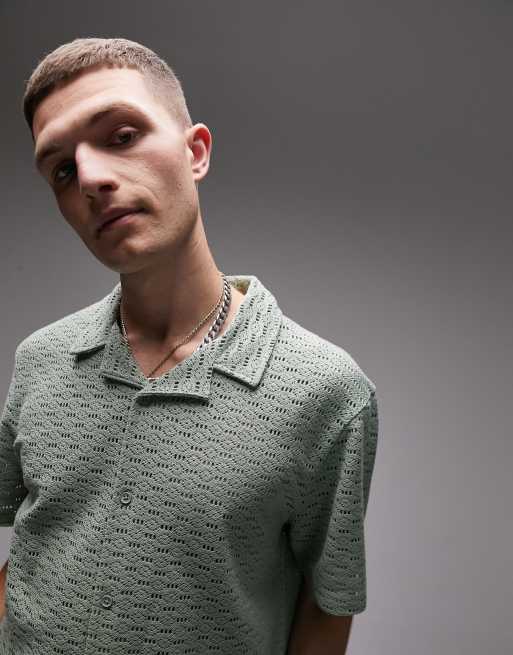 Topman oversized fit geo crochet revere jersey shirt in sage