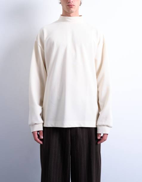 Topman oversized fit high neck long sleeve t-shirt in ecru - view 1