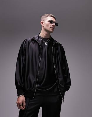 Topman oversized fit high shine zip through funnel in black | ASOS