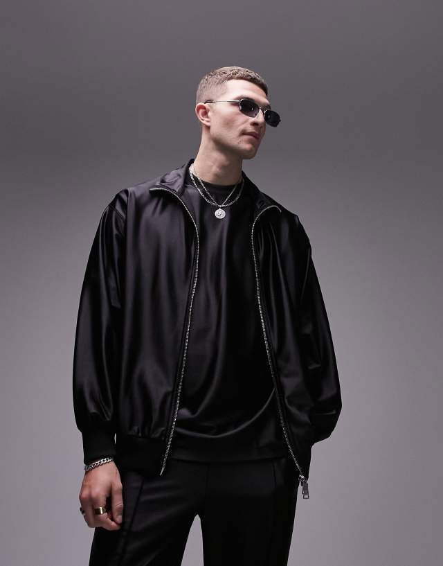 Topman - oversized fit high shine zip through funnel in black