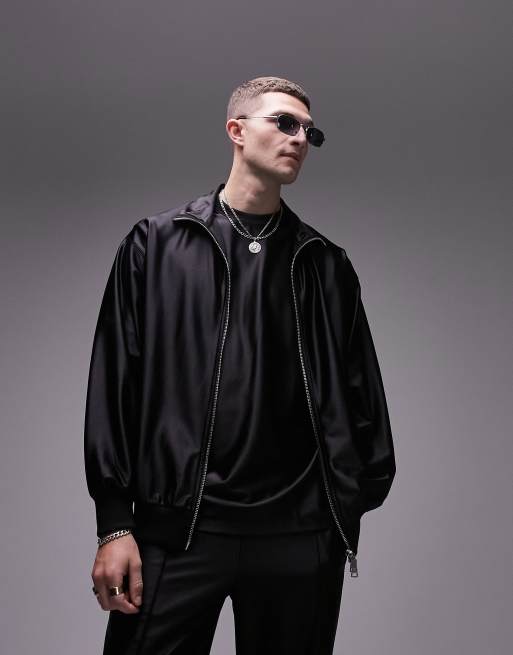 Topman oversized fit high shine zip through funnel sweat in black | ASOS