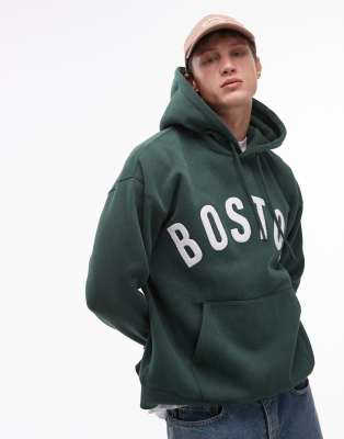 Topman Topman oversized fit hoodie with Boston chenille embroidery in washed green