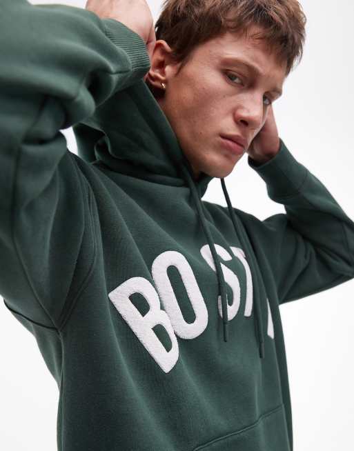 Topman oversized fit hoodie with Boston chenille embroidery in washed green