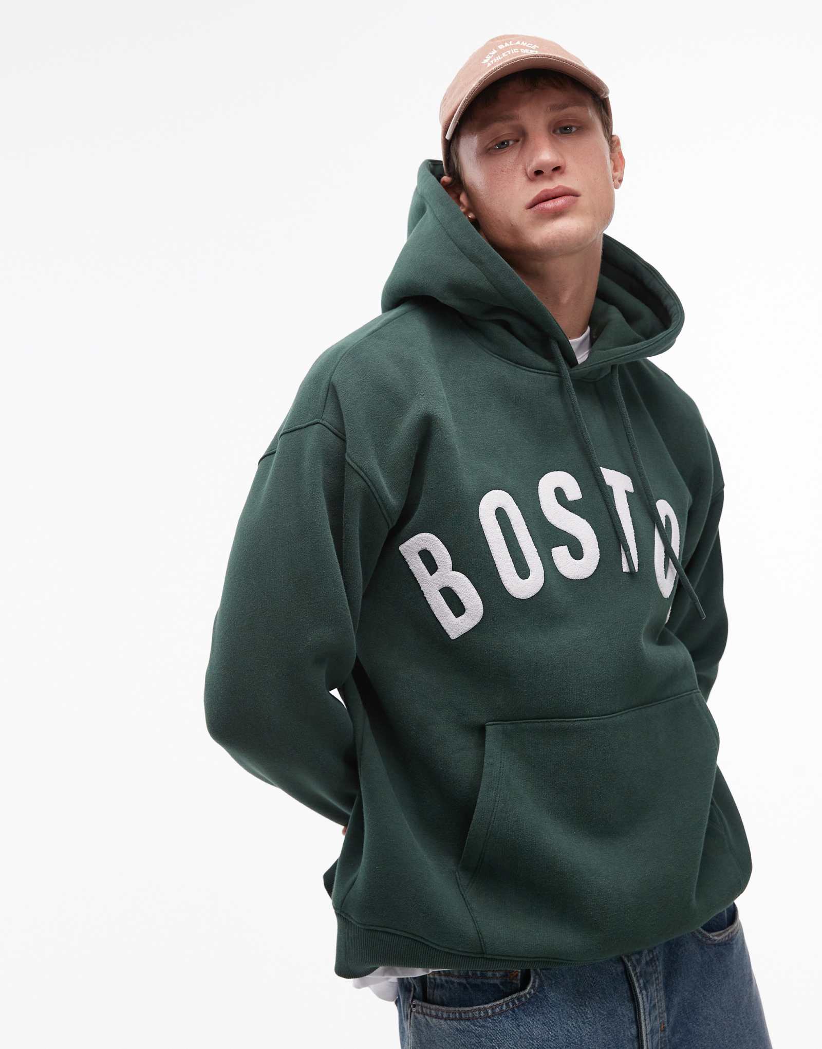 Толстовка Topman oversize fit с капюшоном и принтом Boston зеленого цвета