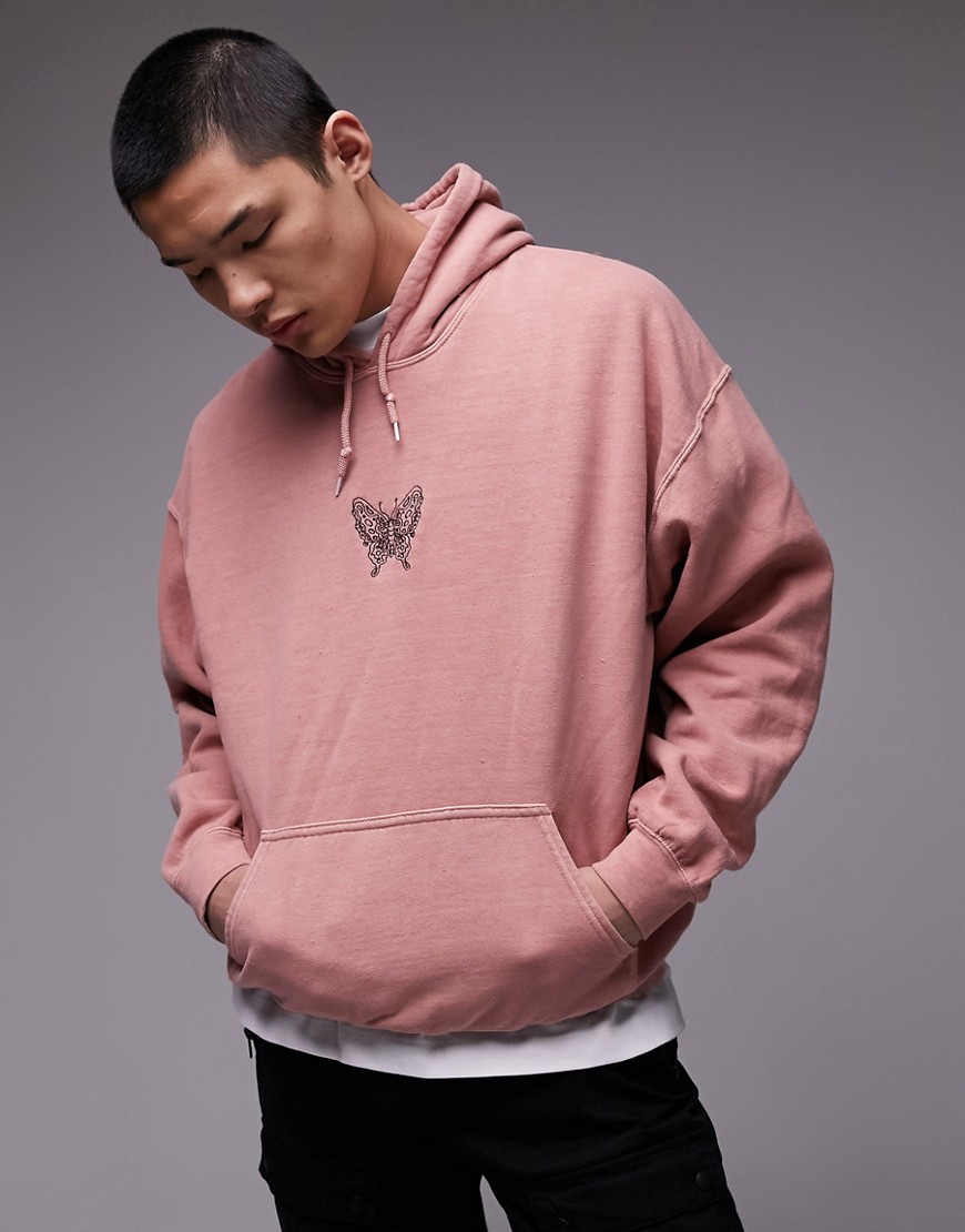 oversized fit hoodie with butterfly embroidery in washed pink