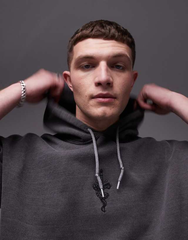 Topman - oversized fit hoodie with dagger tattoo embroidery in washed black