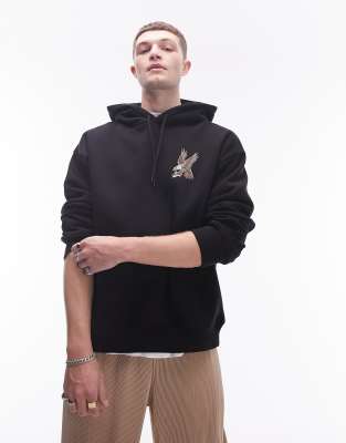 Topman oversized fit hoodie with eagle tattoo embroidery in black