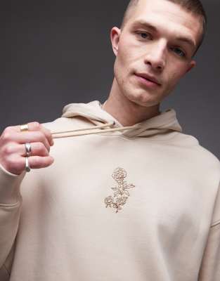 oversized fit hoodie with floral embroidery in stone-Neutral