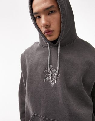 Topman oversized fit hoodie with floral embroidery in washed black