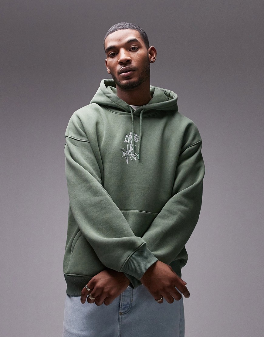oversized fit hoodie with floral embroidery in washed green