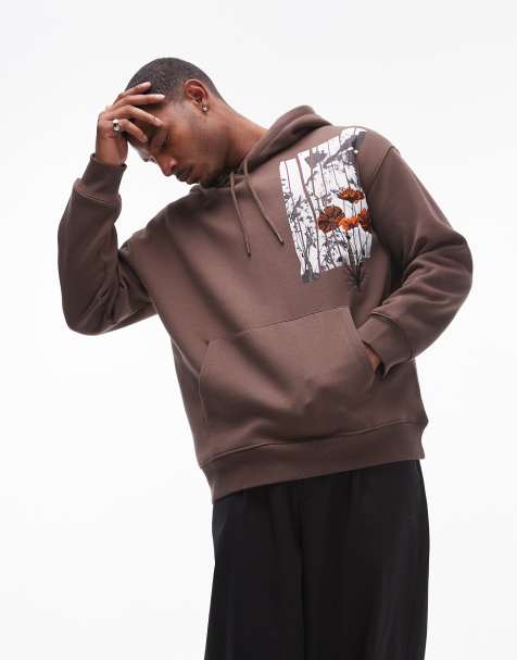 oversized fit hoodie with floral patch print and embroidery in brown