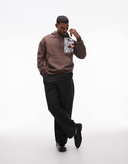 Topman oversized fit hoodie with floral patch print and embroidery in brown