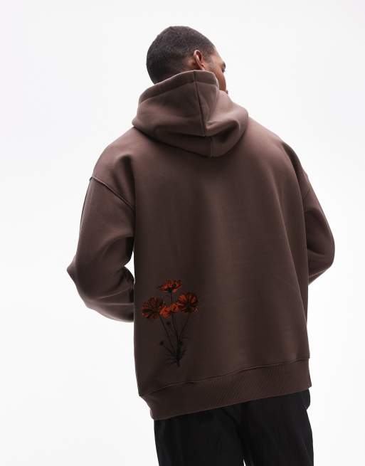 Topman oversized fit hoodie with floral patch print and embroidery in brown