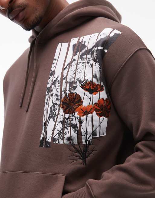 Topman oversized fit hoodie with floral patch print and embroidery in brown
