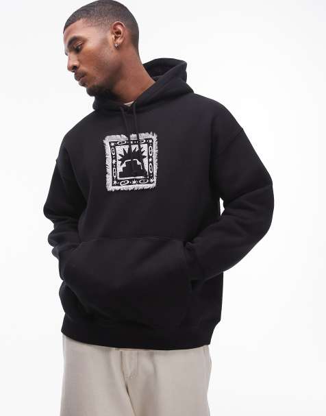 Topman oversized fit hoodie with frayed patch embroidery in black - view 1