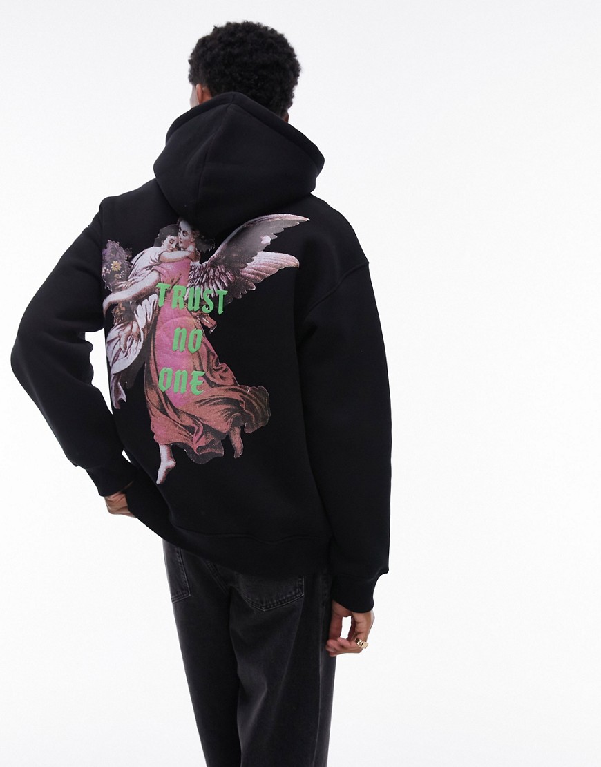 oversized fit hoodie with front and back angel print in black