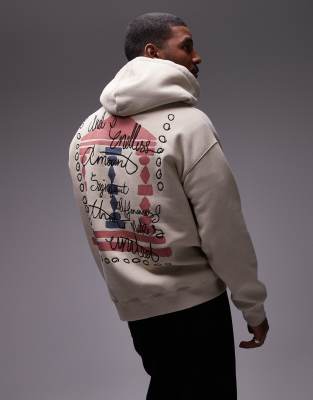 oversized fit hoodie with front and back block column print and embroidery in washed stone-Neutral