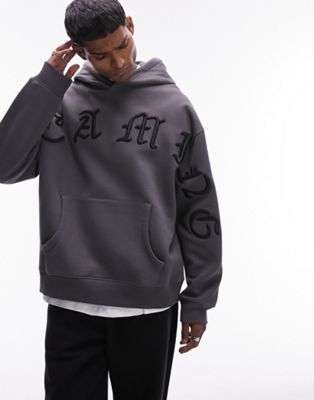 Topman oversized fit hoodie with front Dreaming embroidery in charcoal