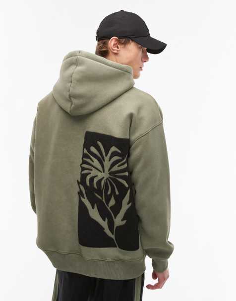 Topman oversized fit hoodie with front and back floral block chenille embroidery in washed khaki - view 1