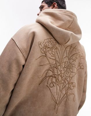 Topman oversized fit hoodie with front and back floral embroidery in stone