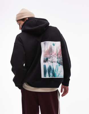 Topman Topman oversized fit hoodie with front and back floral with patch print in black