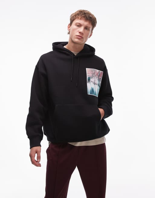 Topman oversized fit hoodie with front and back floral with patch print in black ASOS