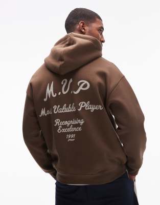 oversized fit hoodie with front and back MVP embroidery in brown