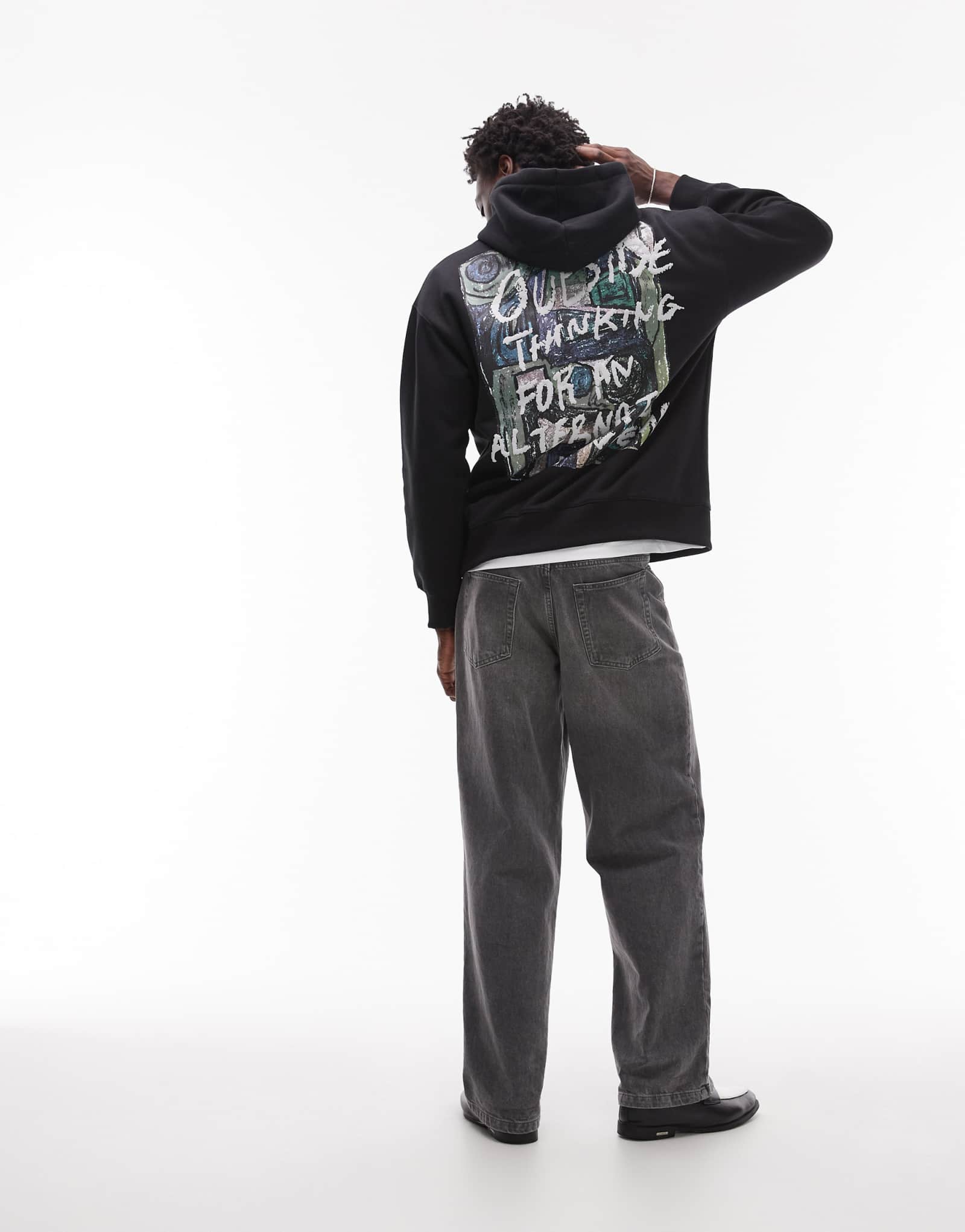 Толстовка с капюшоном Topman oversize fit с принтом outside thinking спереди и сзади черного цвета