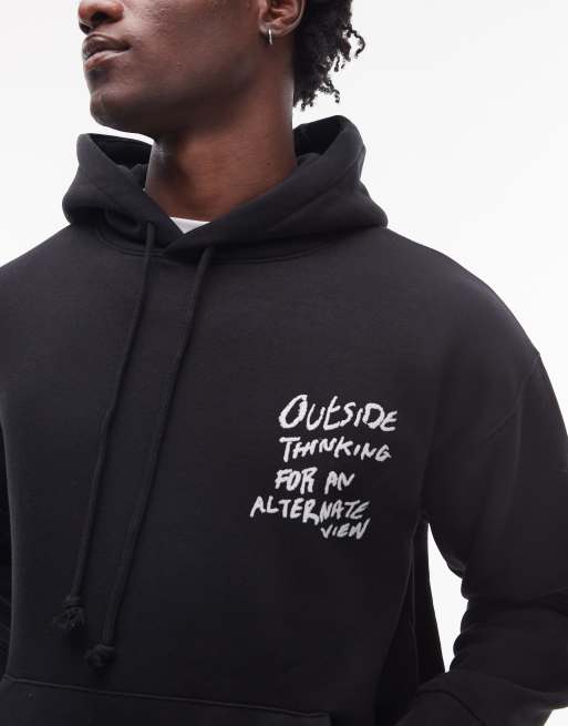 Topman oversized fit hoodie with front and back outside thinking print in black