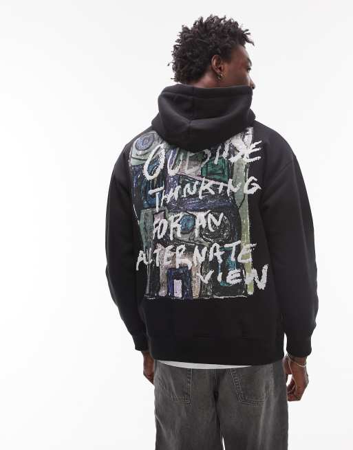 Topman oversized fit hoodie with front and back outside thinking print in black