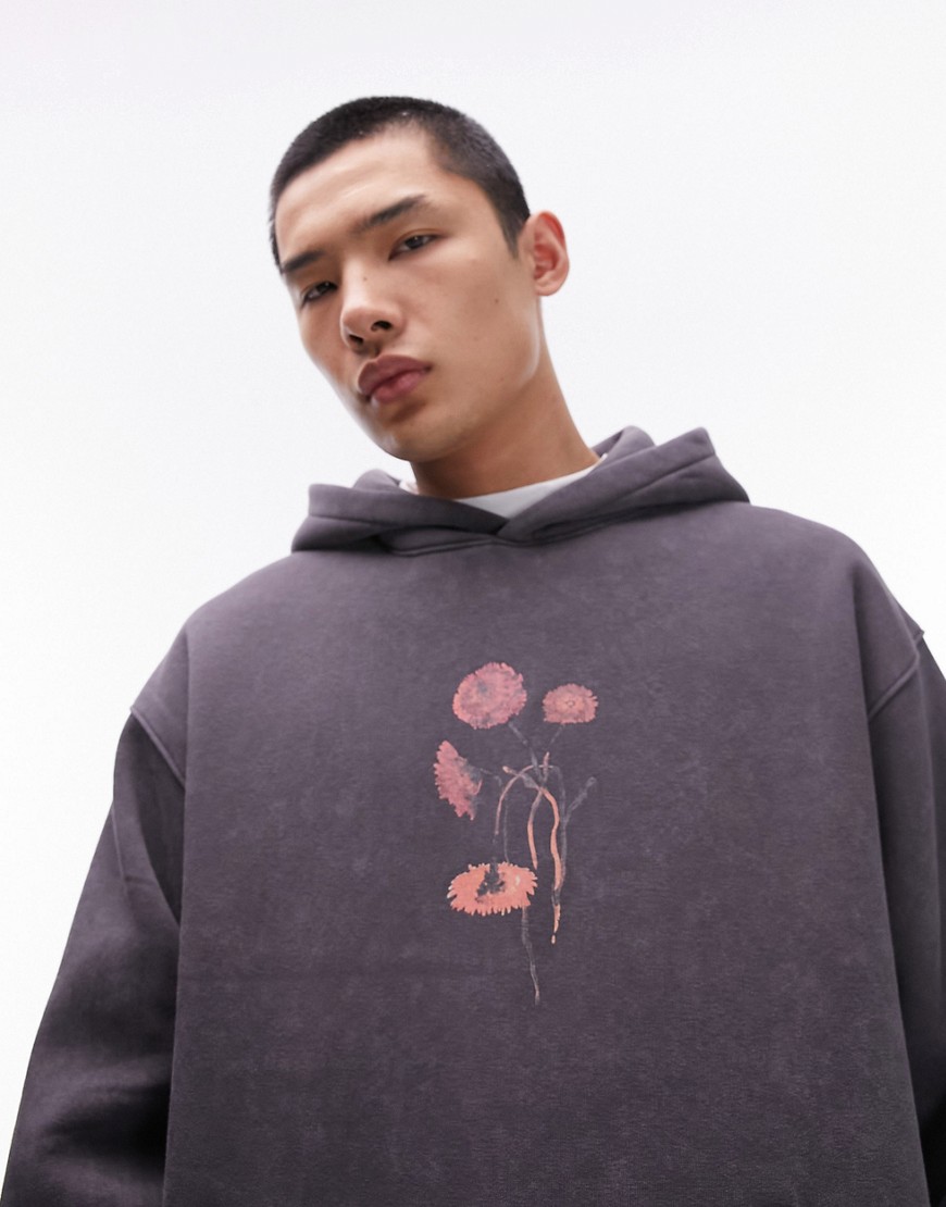 Topman Oversized Fit Hoodie With Front And Back Painted Floral Print In Charcoal-gray