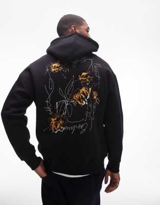 Topman Oversized Fit Hoodie With Front And Back Roses Scribbles Print In Black