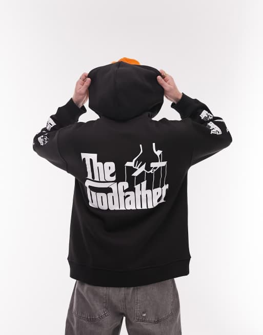 Topman oversized fit hoodie with front, back and sleeve God Father print in black