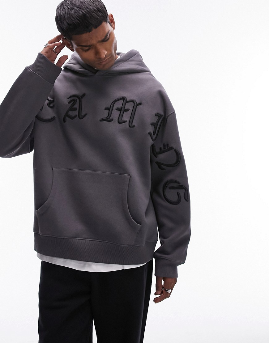 Topman Oversized Fit Hoodie With Front Dreaming Embroidery In Charcoal-gray
